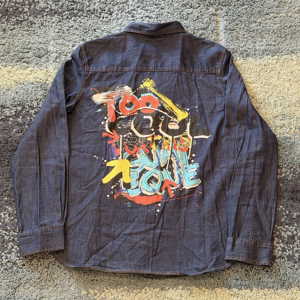 Zara Z1975 Graffiti Print Denim Button Up Shirt Women's Small Casual Streetwear
